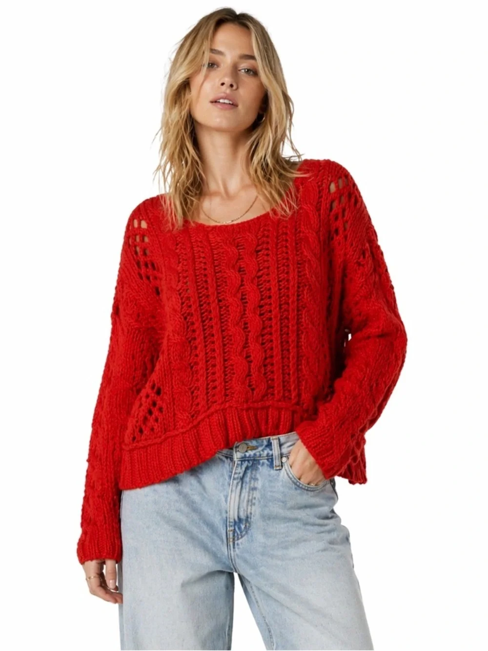 Free People Orange Cable Knit Sweater Boho Cottagecore Open Knit Sleeves XS